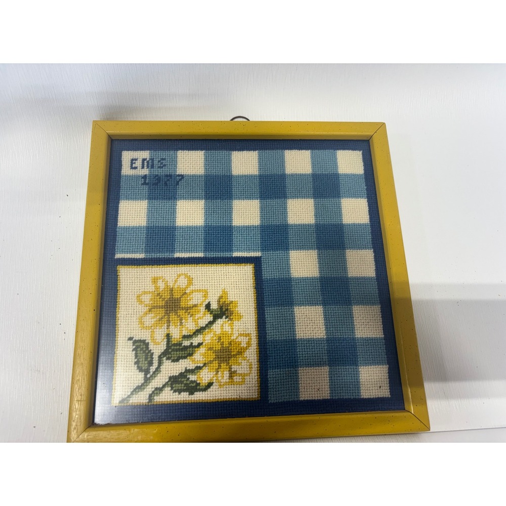 Vintage 1977 Needlepoint Gingham Floral Wall Art Yellow Wood Frame 12x12 EMS